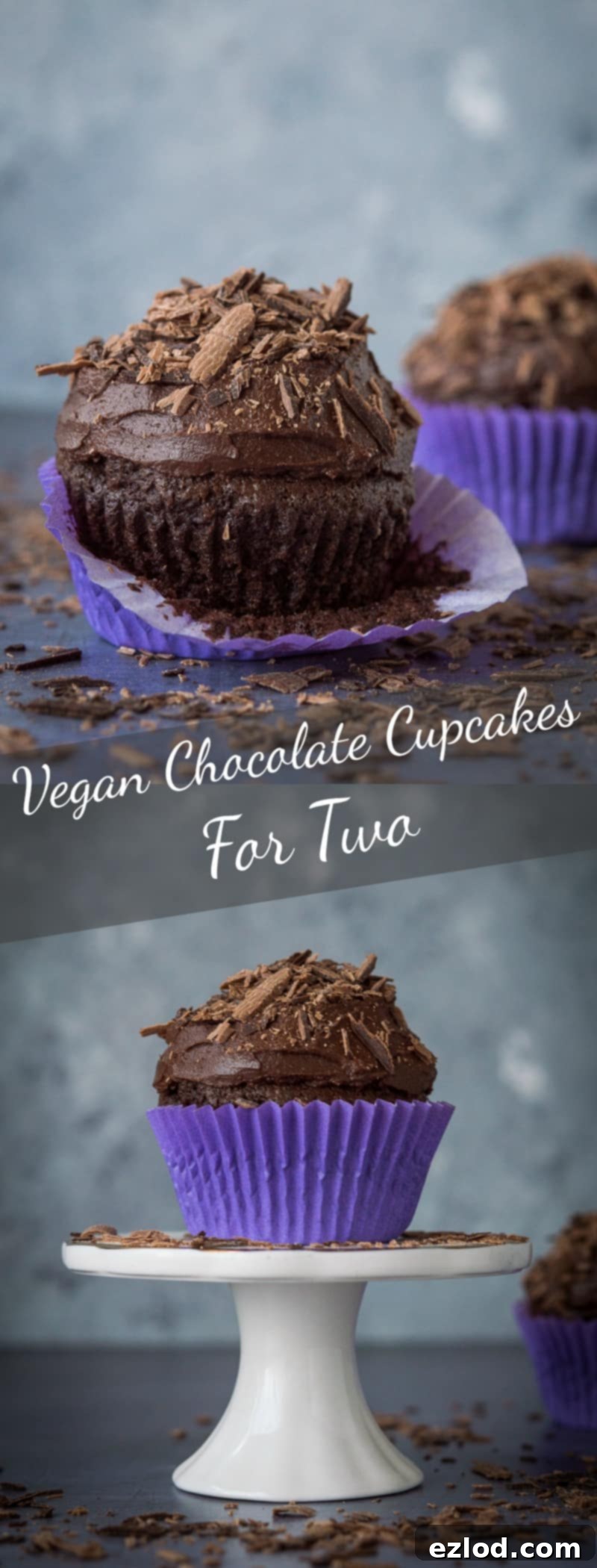 Decadent Vegan Chocolate Cupcakes for Two 2 Chocolate cupcakes for two - a small batch of just two delicious vegan chocolate cupcakes that are incredibly quick and easy to whip up and so tasty! Perfect for Valentines Day. #vegan #cupcakes #baking #plantbased #smallbatch