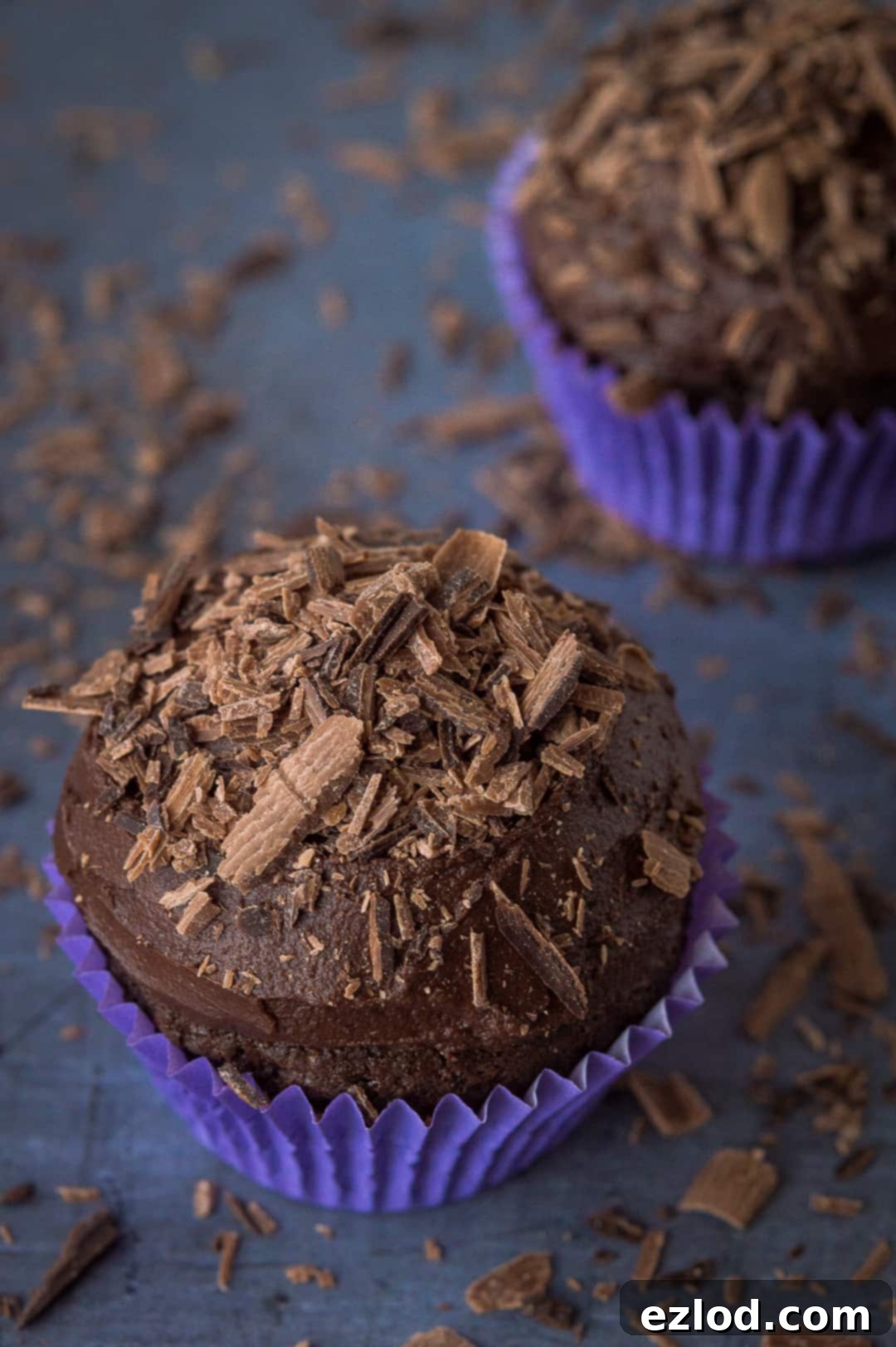 Two perfectly baked vegan chocolate cupcakes, beautifully topped with rich chocolate shavings, ready to be enjoyed.