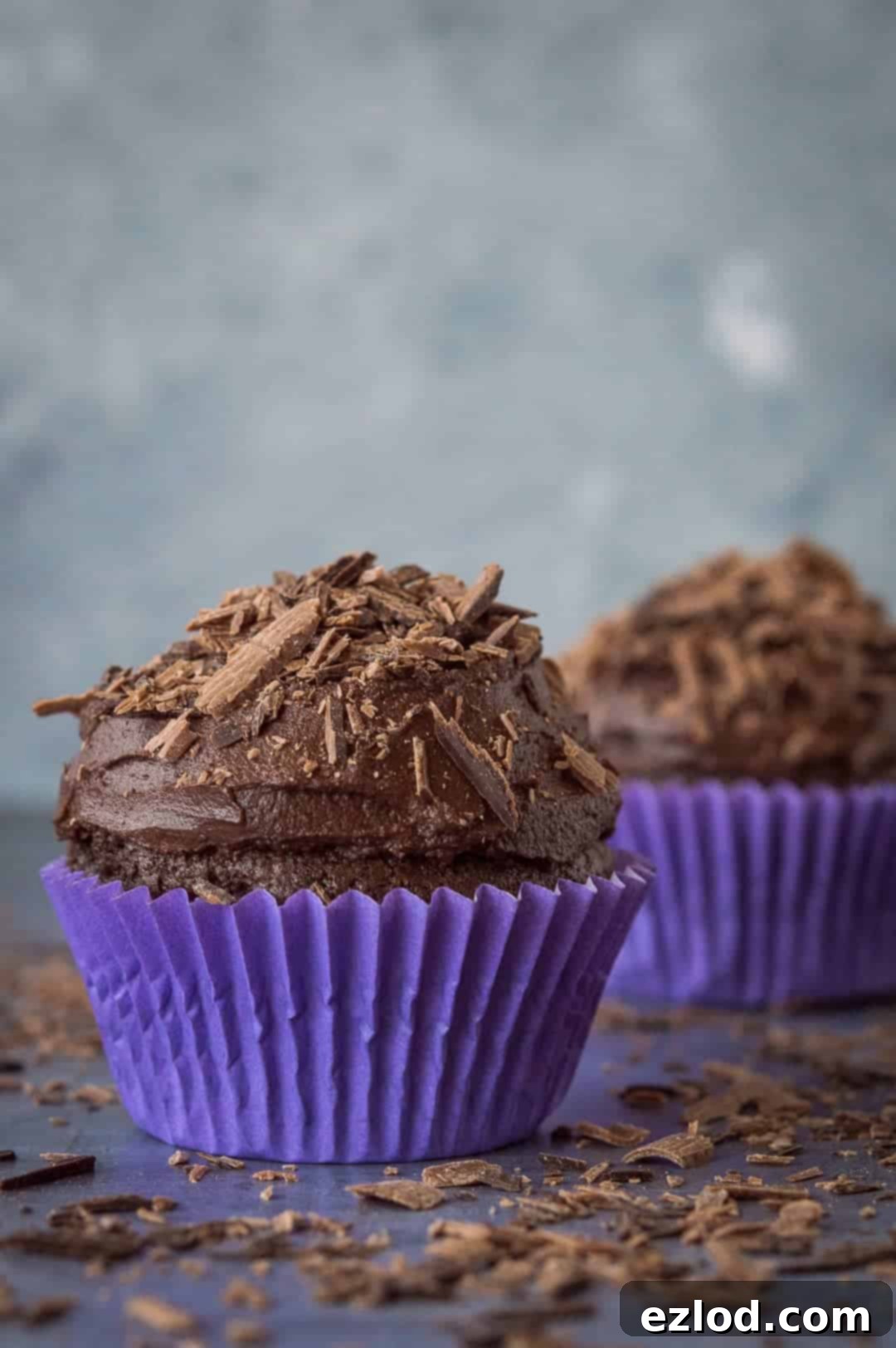 Two vibrant vegan chocolate cupcakes in purple cake cases, perfectly baked and frosted, showcasing their delightful appearance.