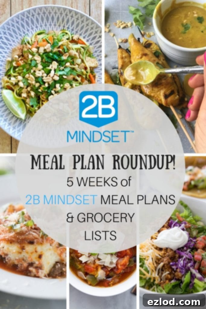 Collection of 2B Mindset 'Veggies Most' Dinners including casseroles and skillet meals, with text '5 Weeks of 2B Mindset Meal Plans plus Grocery Lists'