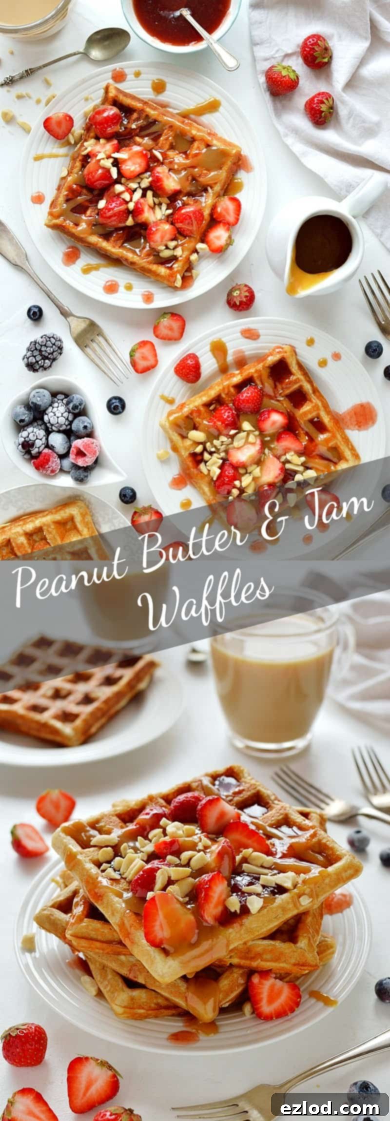 Peanut butter and jelly waffles - the classic PB&J combination in tasty waffle form! #breakfast #waffles #brunch