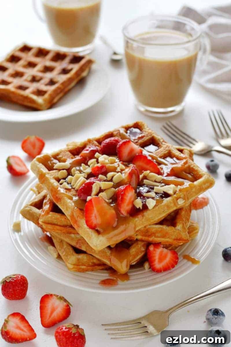 A stack of peanut butter and jelly waffles topped with strawberries and peanuts.