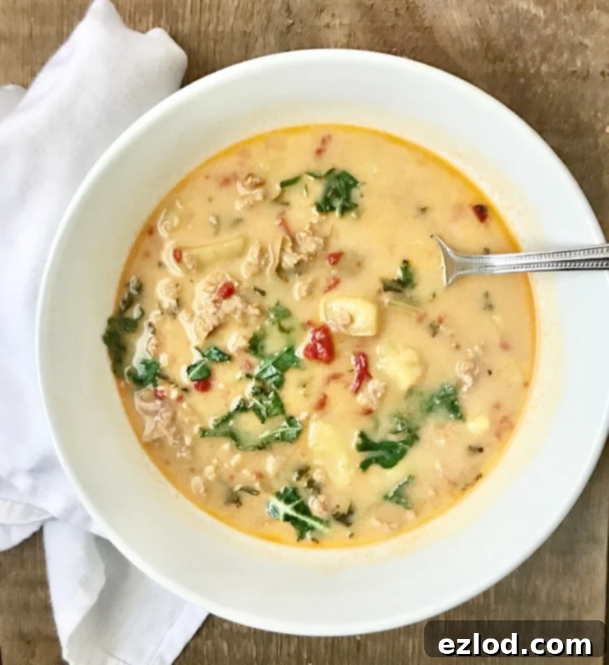 21 Day Fix Zuppa Toscana, a healthy and comforting soup with kale and sausage.