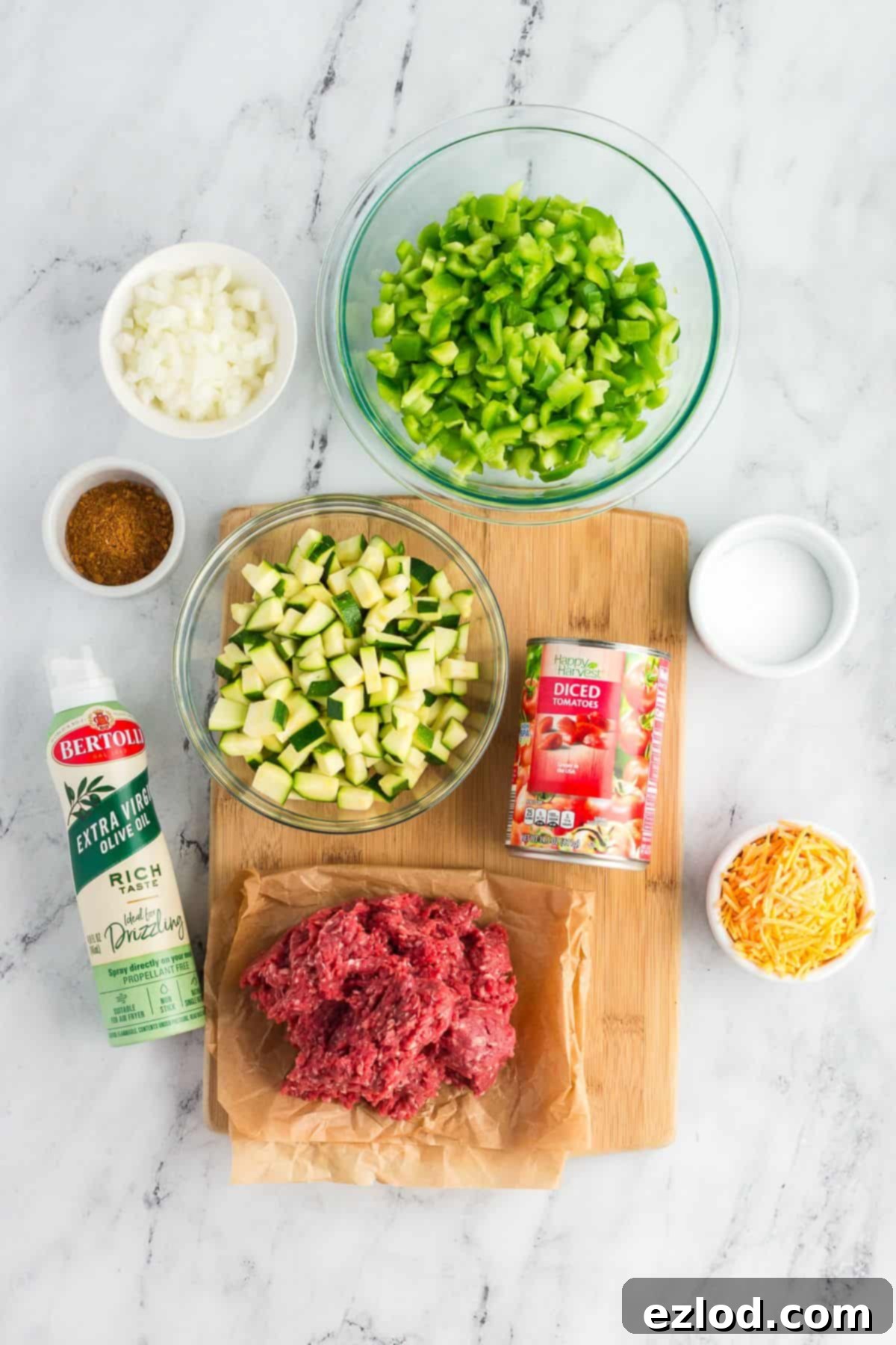 Ingredients for One-Pan Taco Skillet laid out on a white background.