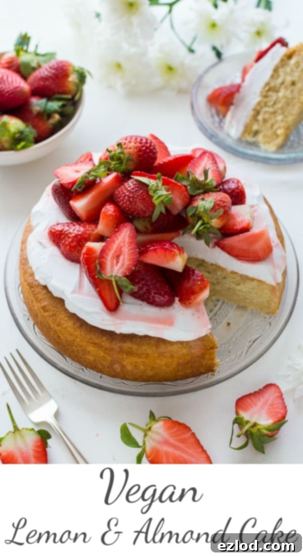 Luscious Vegan Lemon Almond Cake with Coconut Whipped Cream and Macerated Strawberries 2 Vegan lemon almond cake with coconut whipped cream and macerated strawberries - a light, moist vegan lemon and almond cake topped with a cloud of coconut whipped cream and sweet macerated strawberries. The perfect cake for Spring! #vegan #baking #cake