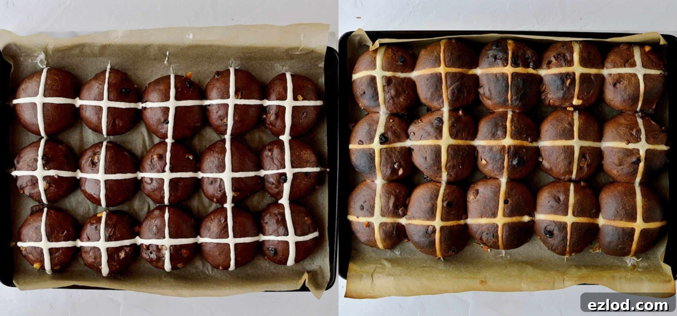 Step 6 in making chocolate orange hot cross buns: piping flour paste crosses onto the risen buns before they are baked in the oven until golden brown.