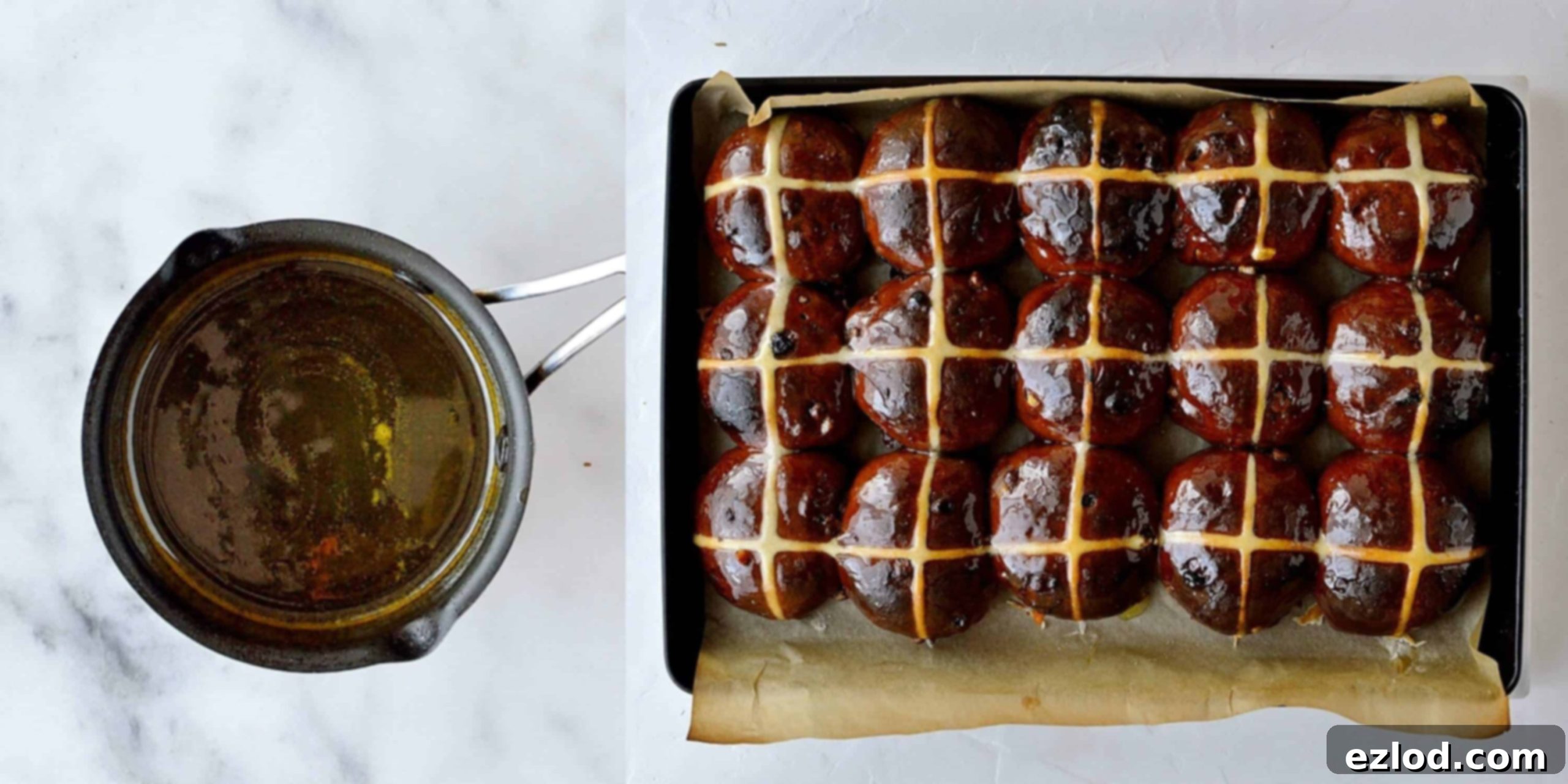 Step 7 in making chocolate orange hot cross buns: freshly baked buns are brushed liberally with a warm, syrupy orange glaze, adding shine and flavor.