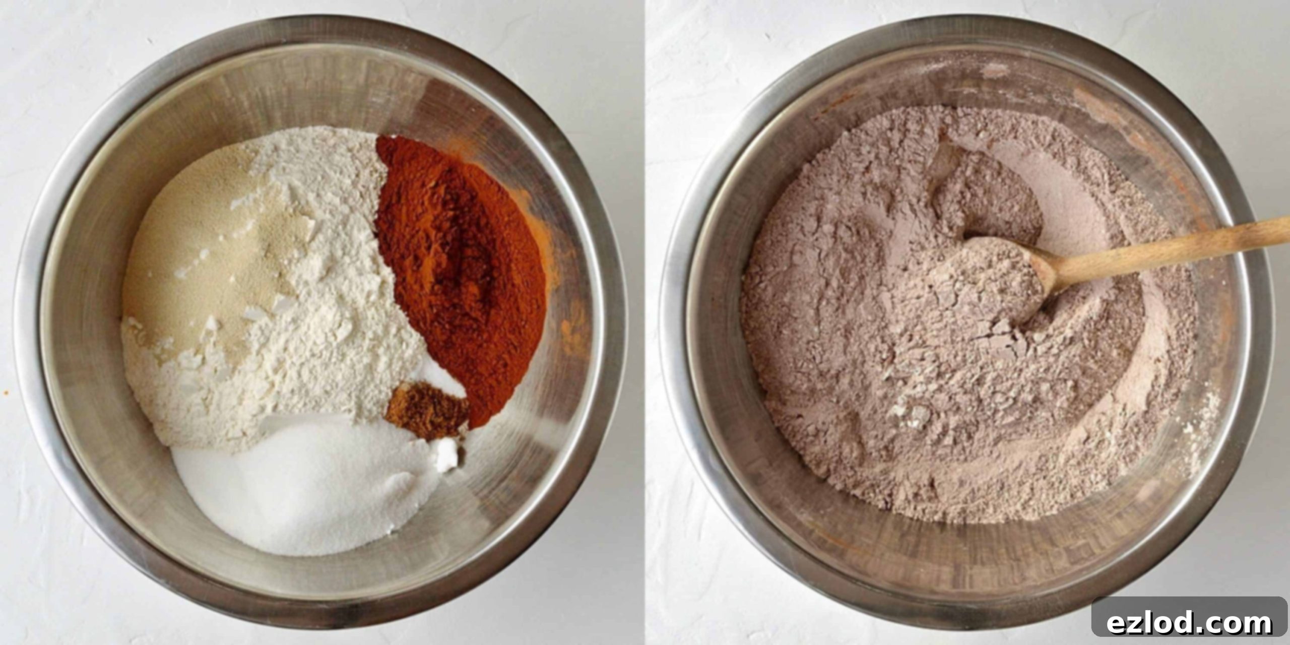 Step 1 in making chocolate orange hot cross buns: various dry ingredients including flour, cocoa powder, and spices are being mixed together in a large white bowl.