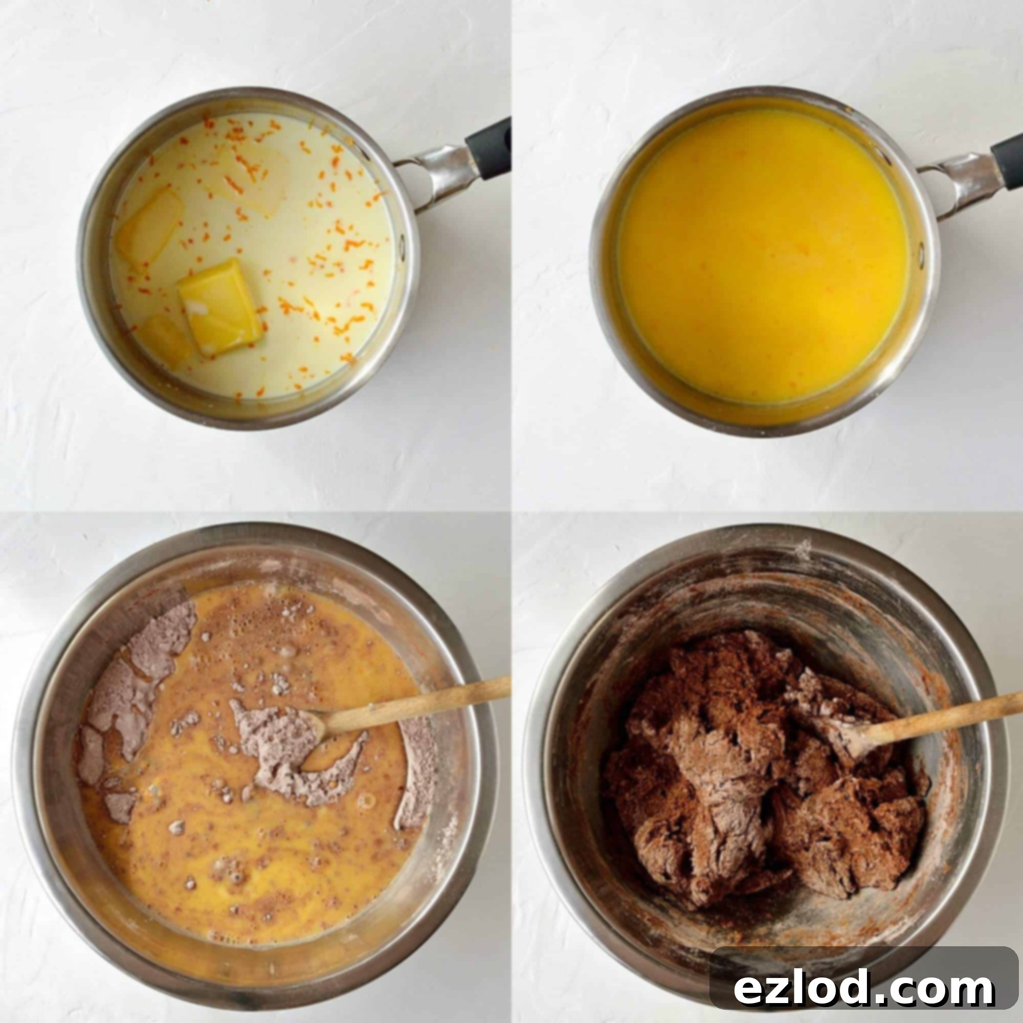 Step 2 in making chocolate orange hot cross buns: melted butter, milk, and orange zest are being prepared in a saucepan, followed by the initial mixing of all wet and dry ingredients to form a rough dough.