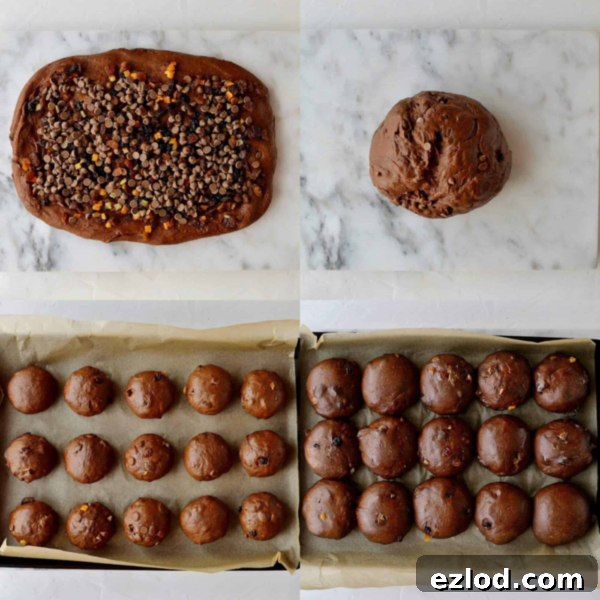 Step 4 in making chocolate orange hot cross buns: chocolate chips and dried fruit are incorporated into the risen dough, which is then divided, shaped into buns, and left for a second rise on a baking tray.