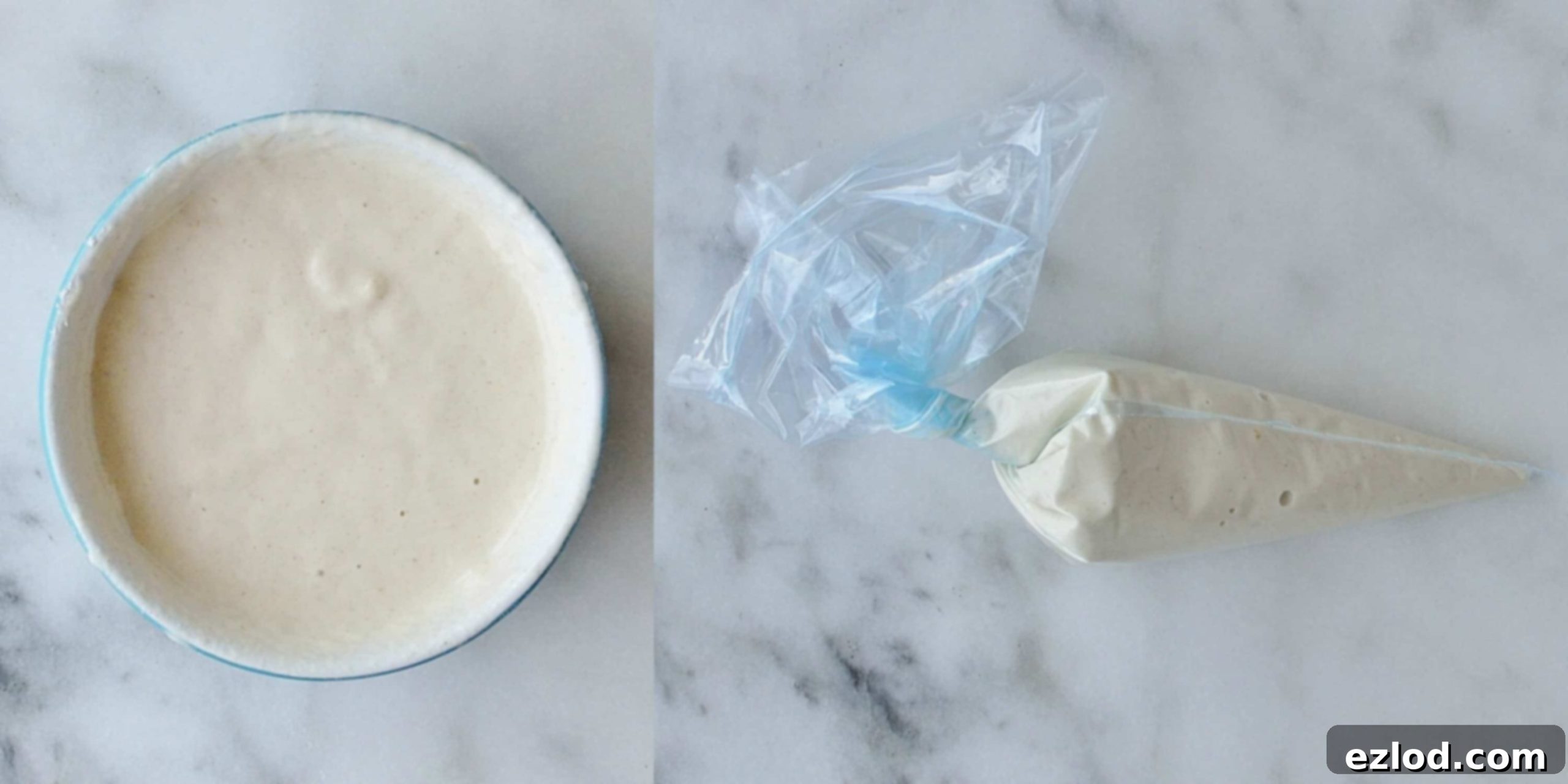 Step 5 in making chocolate orange hot cross buns: a thick, pipeable paste made from flour and water is prepared in a bowl for the crosses.