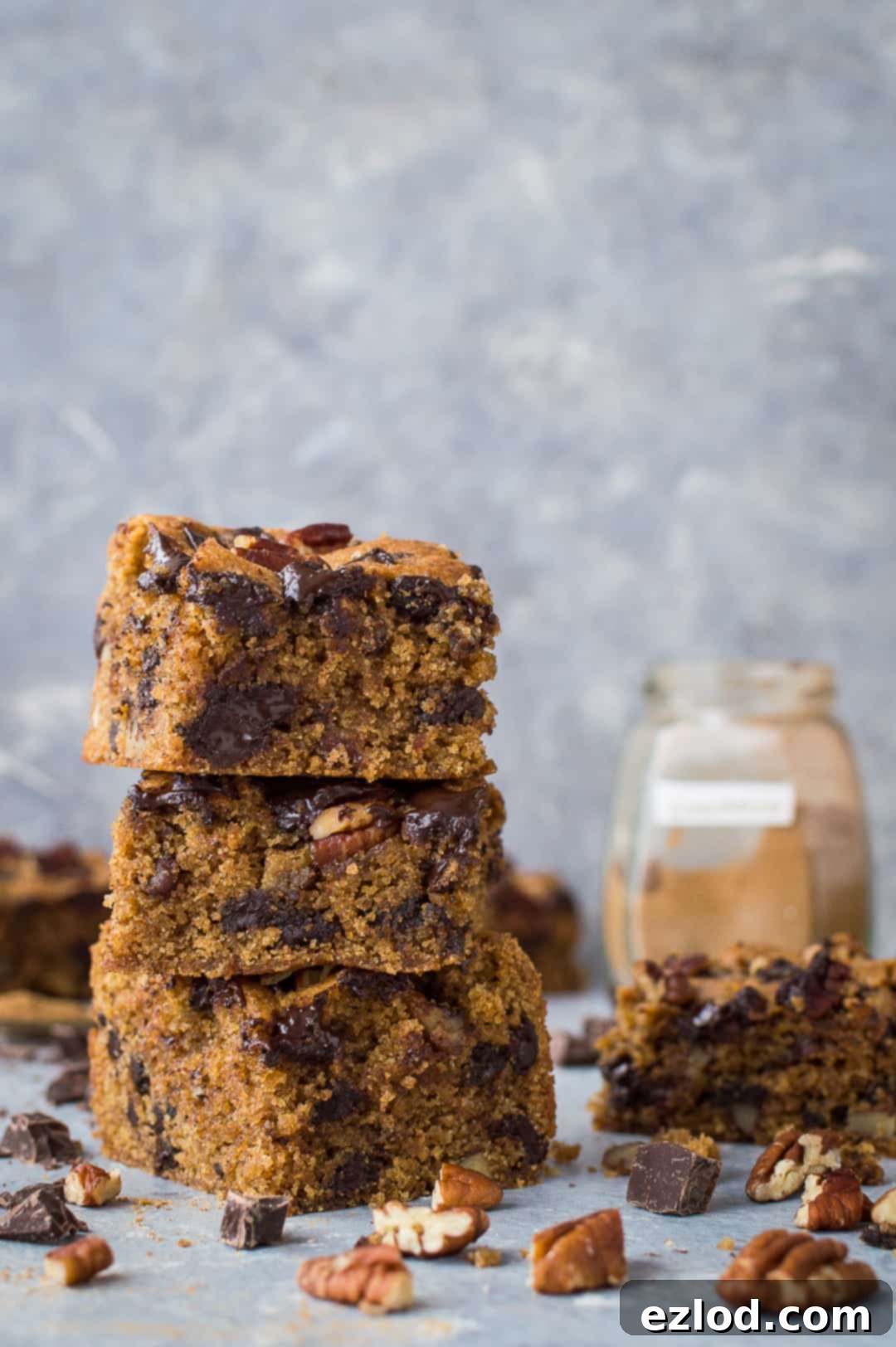 A beautifully arranged stack of vegan peanut butter snack bars, studded with glistening chocolate chips and crunchy pecans, and a dusting of cinnamon, against a warm, inviting background.