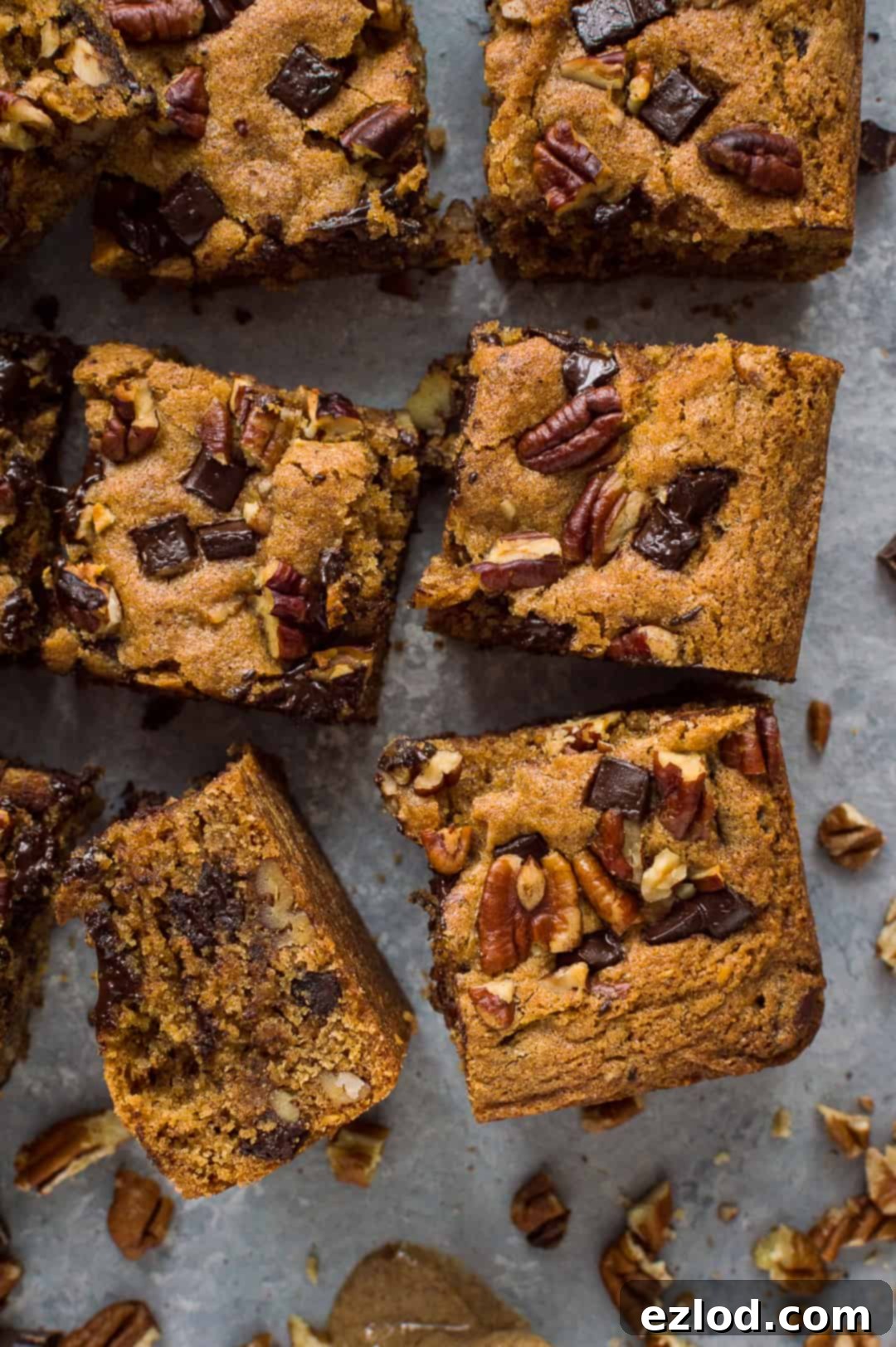 Perfectly sliced squares of egg-free and dairy-free peanut butter chocolate chip pecan bars, showcasing their inviting texture and rich fillings.