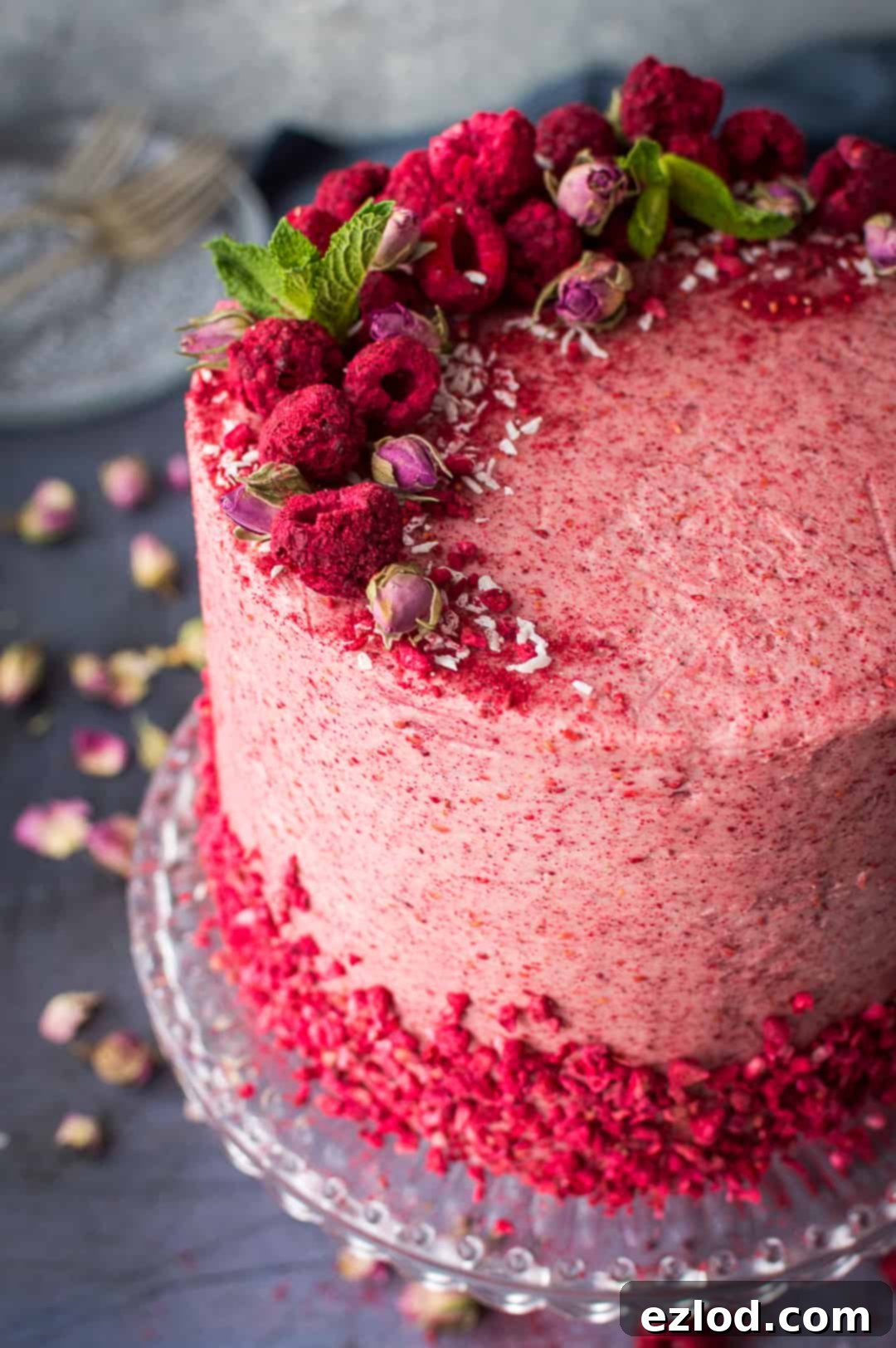 Close-up of coconut cake with pink raspberry buttercream topped with freeze dried raspberries, coconut, mint and rosebuds, highlighting the vibrant colors and delicate details.