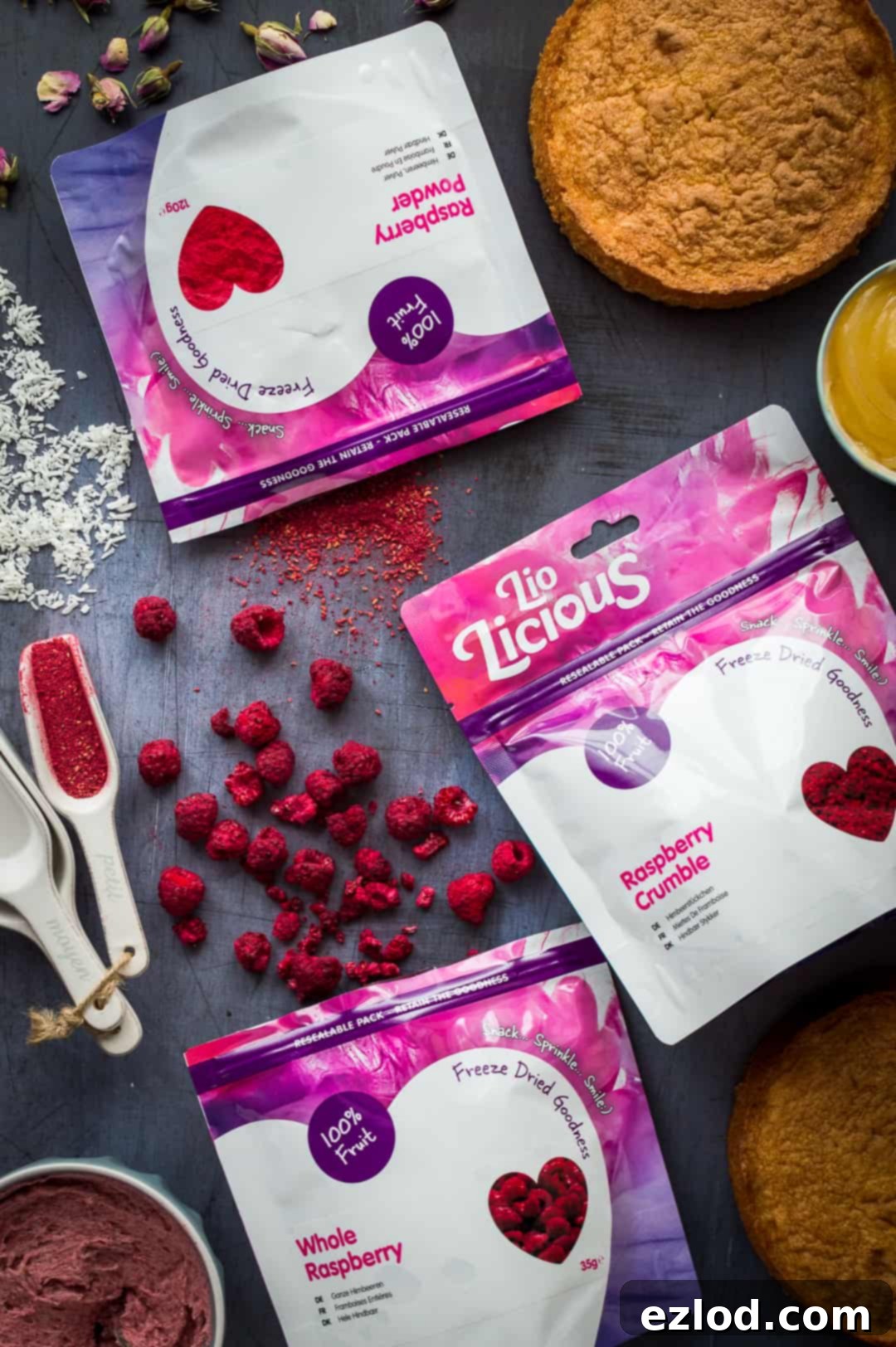 Lio-Licious freeze dried raspberries in their packaging, showcasing the quality of the product used in the cake recipe.