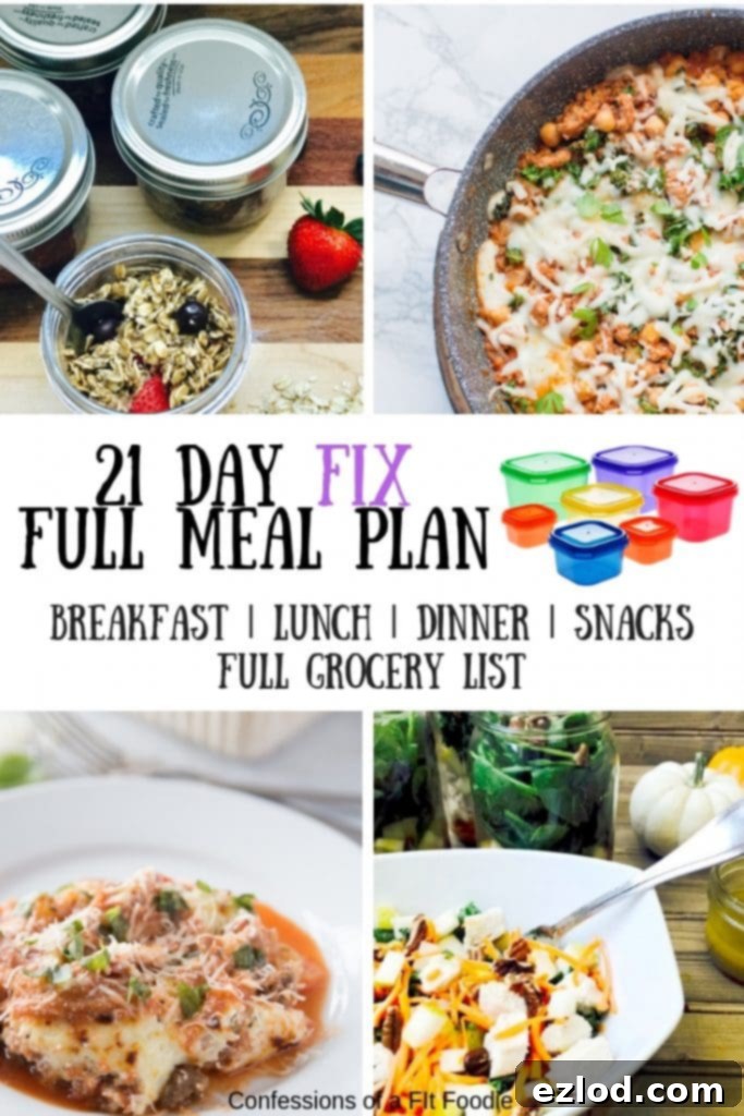 Photo Collage with text overlay 21 Day Fix Full Meal Plan with breakfast lunch dinner snacks and a full grocery list