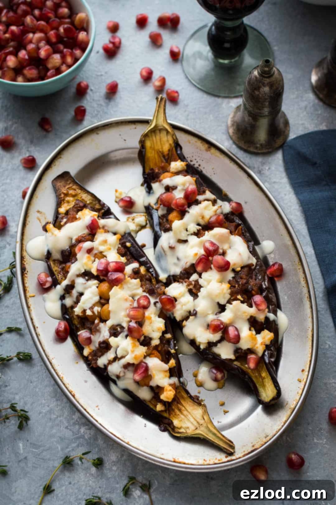 Chickpea and lentil stuffed aubergines – a tasty, healthy vegetarian meal that looks impressive but is really easy to make!