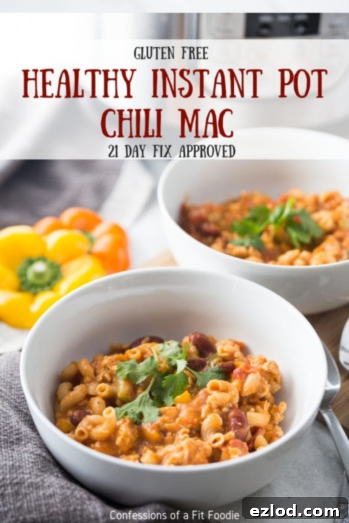 This Healthy Instant Pot Chili Mac is the perfect pairing of two of my favorite meals:  chili and mac and cheese.  Perfectly portioned for the 21 Day Fix, and gluten-free, too!  This is a healthy meal for the whole family! Healthy Instant Pot | Instant Pot Chili Mac | 21 Day Fix Chili Mac | 21 Day Fix Recipes | 21 Day Fix Instant Pot Recipes | Portion Fix #healthyinstantpot #confessionsofafitfoodie #21dayfixrecipes #21df
