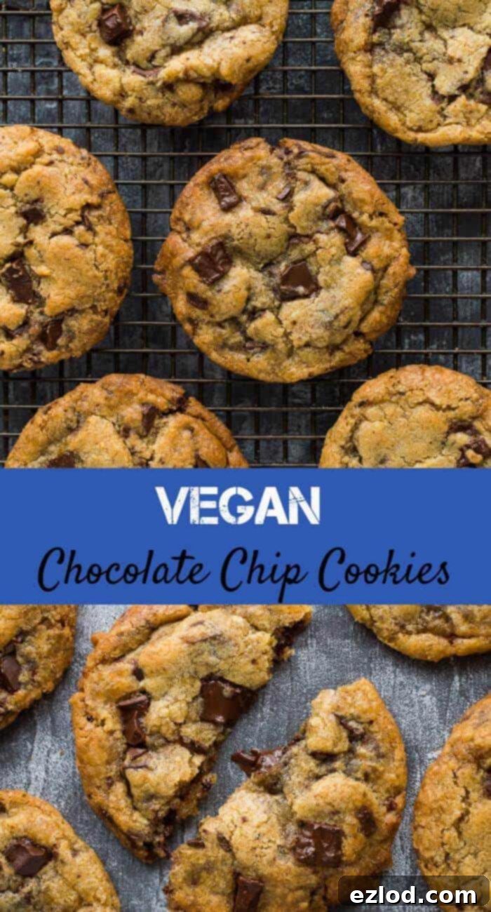Vegan chocolate chip cookies - crispy round the edges, chewy in the middle, loaded with chocolate chips and really easy to make; these cookies will become your new favourite recipe! #vegan #veganbaking #plantbased #eggless #dairyfree #eggfree #vegancookies #cookies #chocolatechip