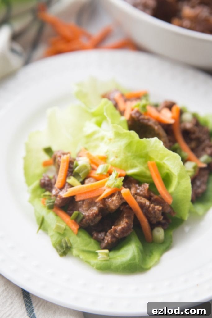 Tender Asian Steak Lettuce Wraps Instant Pot and Slow Cooker 3 Close-up of savory Asian flavored lettuce wraps.