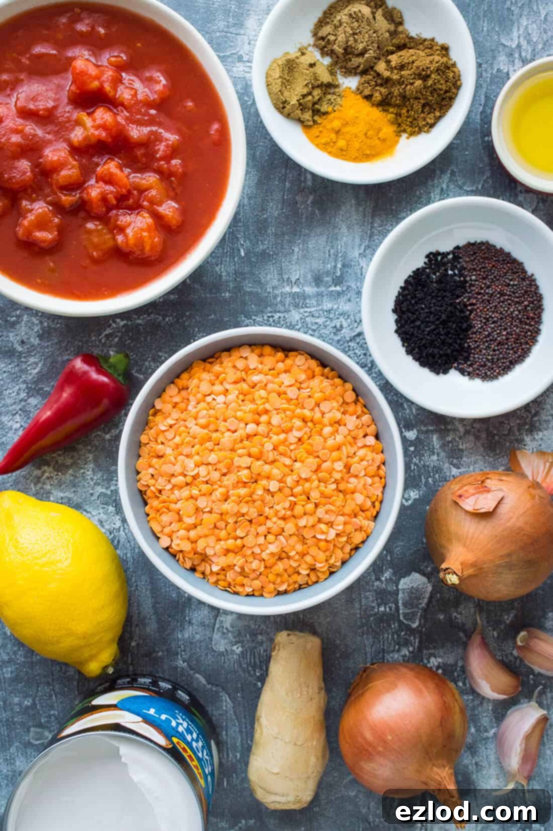 A vibrant selection of fresh ingredients laid out, including red lentils, various spices, garlic, ginger, onion, and a tin of coconut milk – all ready for making red lentil dhal.