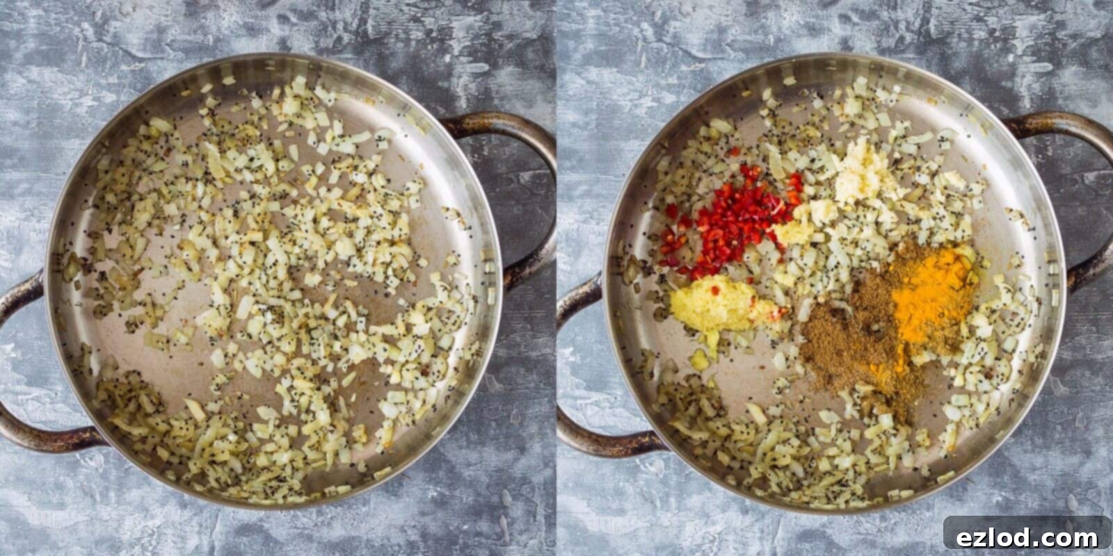 A close-up of a pan showing mustard and nigella seeds crackling in olive oil, followed by diced onions, forming the aromatic base for the red lentil dhal.