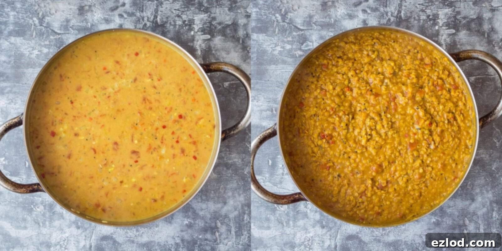A pan of red lentil dhal simmering with chopped tomatoes, coconut milk, and vegetable stock, as the lentils cook down to a creamy consistency.