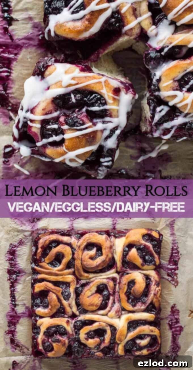 Vegan lemon blueberry rolls - soft, sticky vegan sweet rolls filled with juicy blueberries and topped with a tangy lemon glaze. With step by step photos! #vegan #cinnamonrolls #veganbaking #veganbreakfast