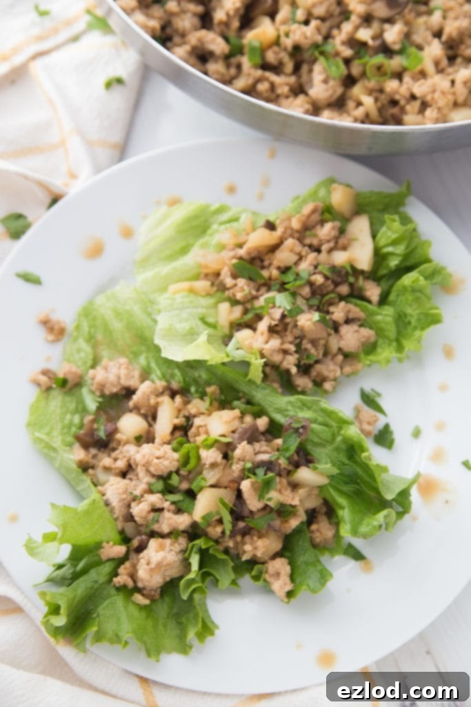 Ground chicken and veggie Lettuce wraps laying on a white plate with a pan of filling in the background