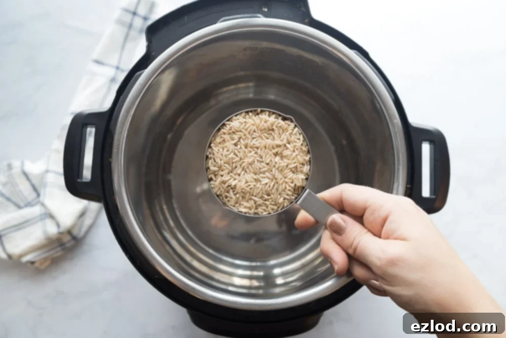 Overhead photo of Instant Pot with a measuring cup of rice 