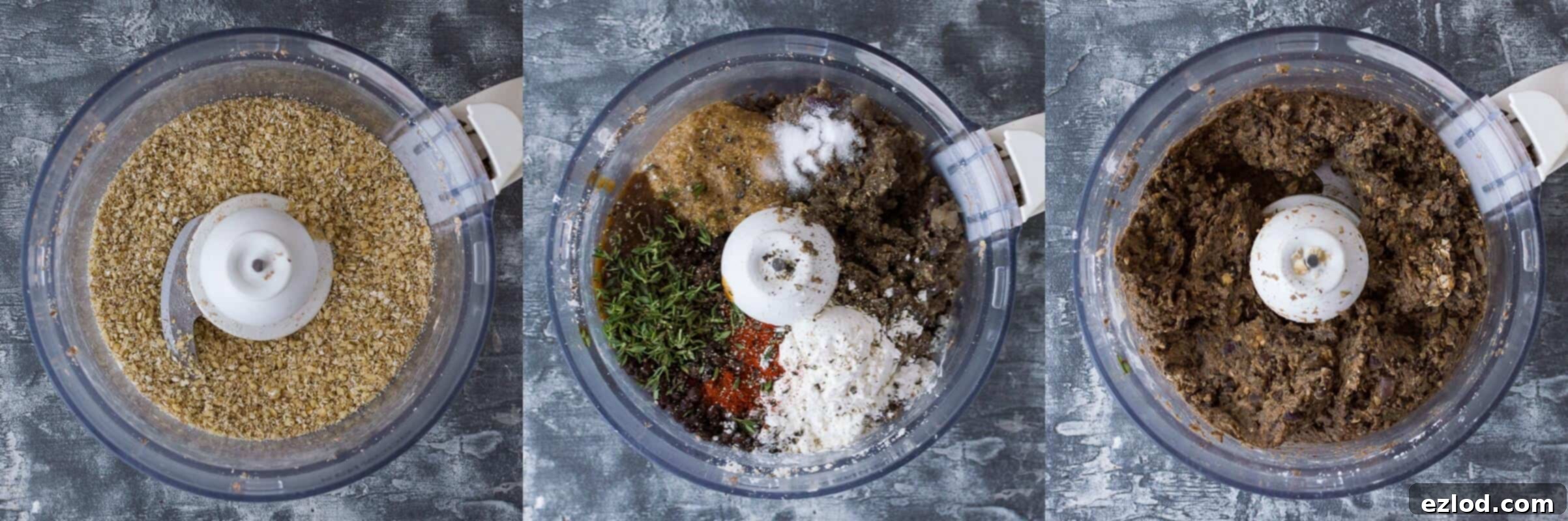 Step-by-step image showing ground walnuts and oats in a food processor, followed by all other burger ingredients being added and blended until a textured patty mixture forms.