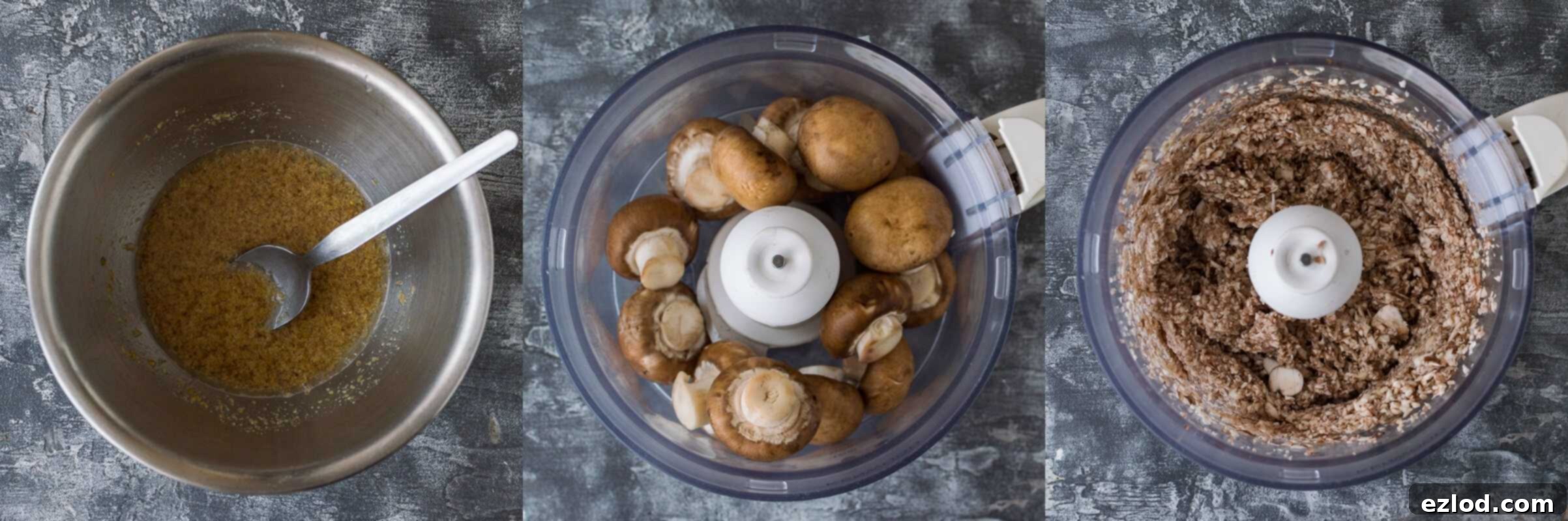 Step-by-step image showing ground flaxseed mixed with water for a flax egg, and finely chopped mushrooms in a food processor, initiating the vegan burger recipe.