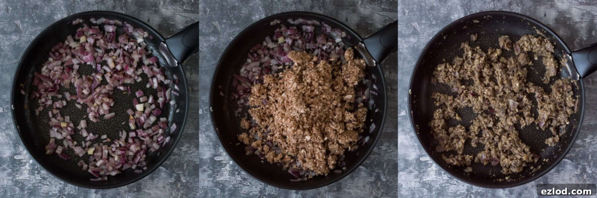 Step-by-step image showing diced red onion sautéing in a pan, followed by the addition of finely chopped mushrooms, cooking until soft and flavorful for the burger base.