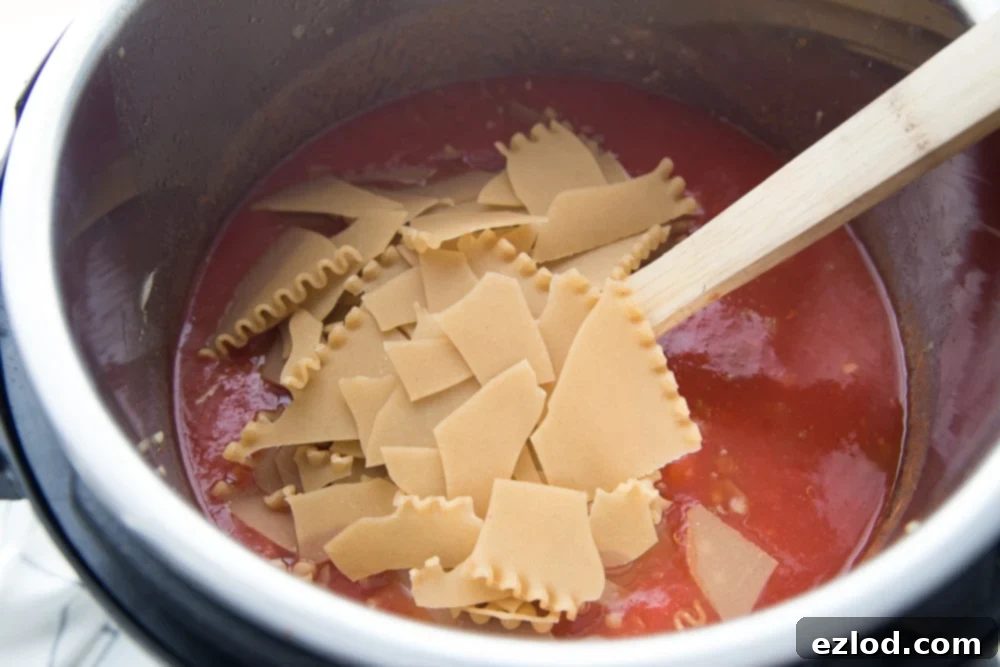 Instant Pot Lasagna Soup with pieces of bite size broken up lasagna noodles