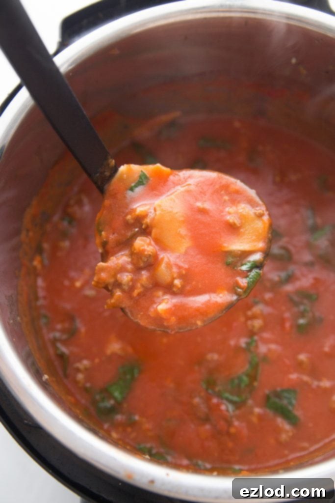 An overhead photo of an Instant Pot full of healthy instant pot lasagna soup. A ladle full of soup is in the foreground.