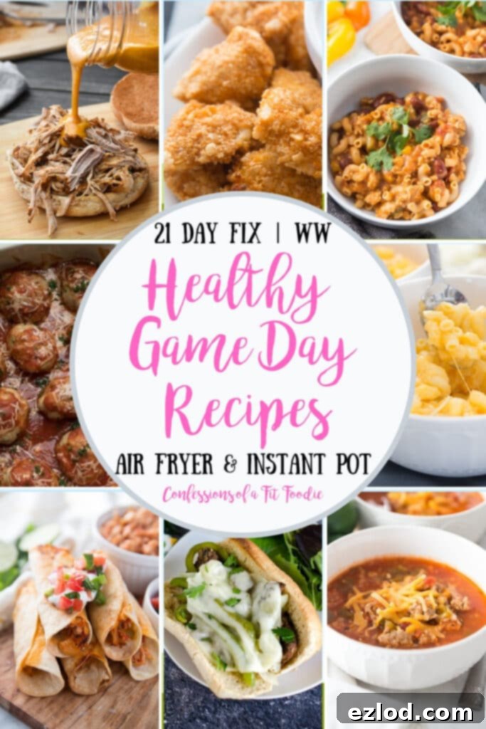Food photo collage, with the text overlay- 21 Day Fix | WW | Healthy Game Day Recipes | Air Fryer & Instant Pot | Confessions of a Fit Foodie