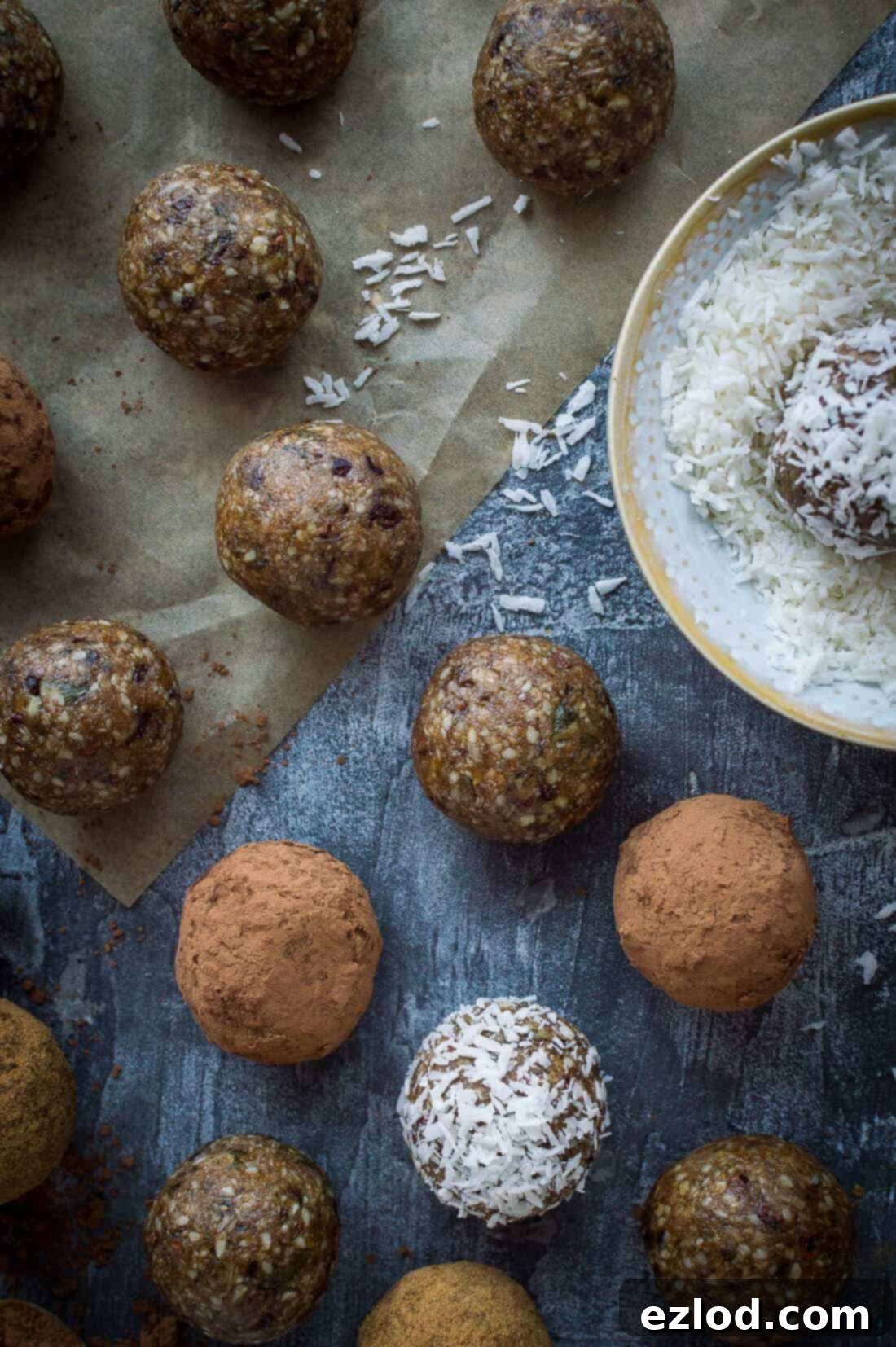 Healthy vegan protein bites rolled in cacao powder and coconut.