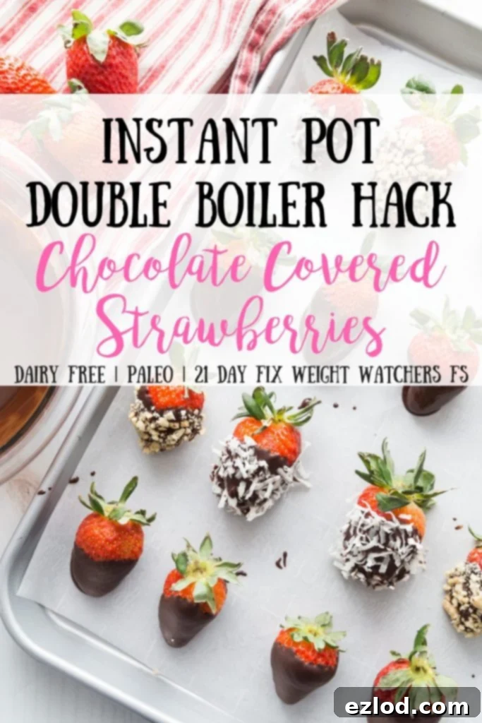Did you know you can make Instant Pot Chocolate Covered Strawberries?  Yup, you can with this simple Instant Pot Double Boiler Hack!  Another magical feature of the Instant Pot! Healthy Instant Pot | Instant Pot Hacks | Instant Pot as a Double Boiler | Instant Pot Desserts | Instant Pot Chocolate | 21 Day Fix Chocolate Covered Strawberries | Weight Watchers Chocolate Covered Strawberries #instantpotdessert #instantpothack #healthyinstantpot #confessionsofafitfoodie