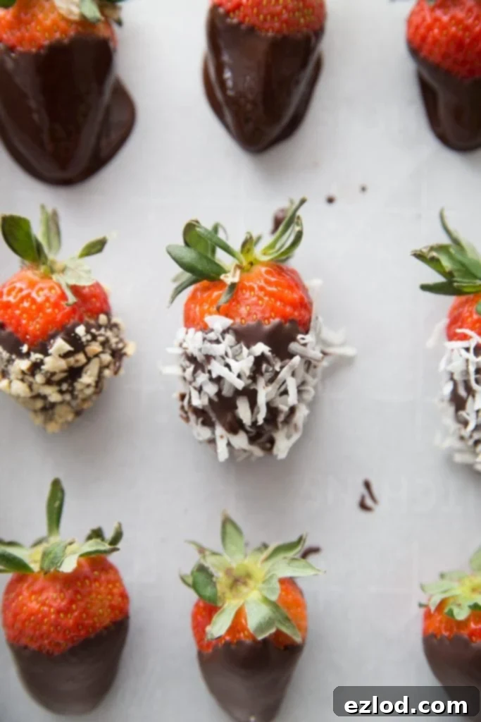 A lined baking sheet with chocolate covered strawberries - some with shredded coconut and some with chopped peanuts