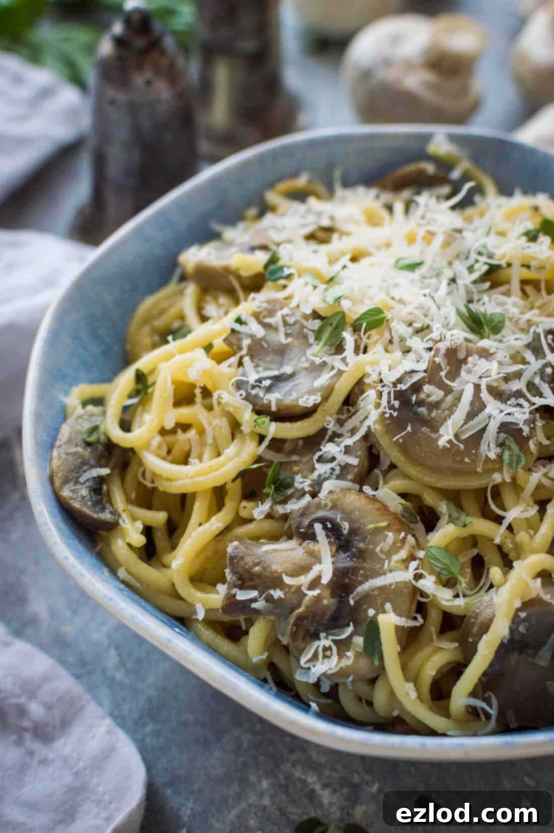 A bowl of creamy vegan one pot mushroom pasta