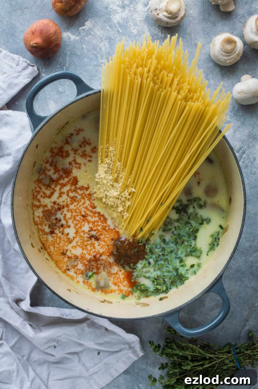 Vegan one pot mushroom pasta ingredients in a pot