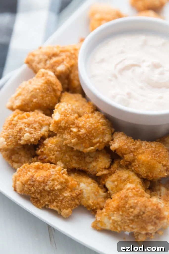 A white platter of Air Fryer Buffalo Chicken Nuggets made with Gluten-free Brown Rice Cereal