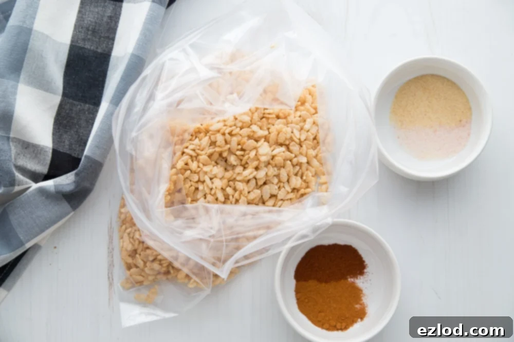 A large ziplock bag of brown rice cereal on a white background next to a checkered kitchen towel and two bowls of spices. 