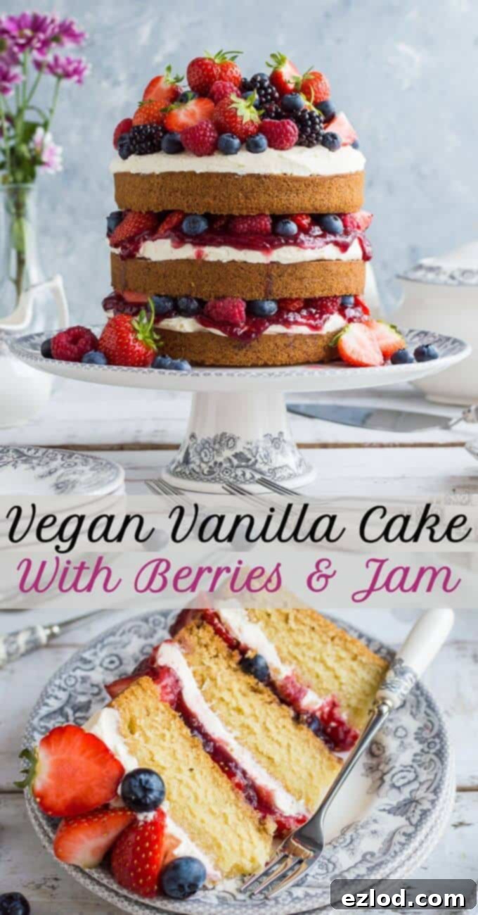 Vegan vanilla cake with berries and jam - a light, fluffy, easy vegan vanilla cake filled with vanilla buttercream, raspberry jam and summer berries. The perfect cake for afternoon tea! #vegan #veganbaking #layercake #vanilla #vegancake #plantbased #vanillacake img 7746 12
