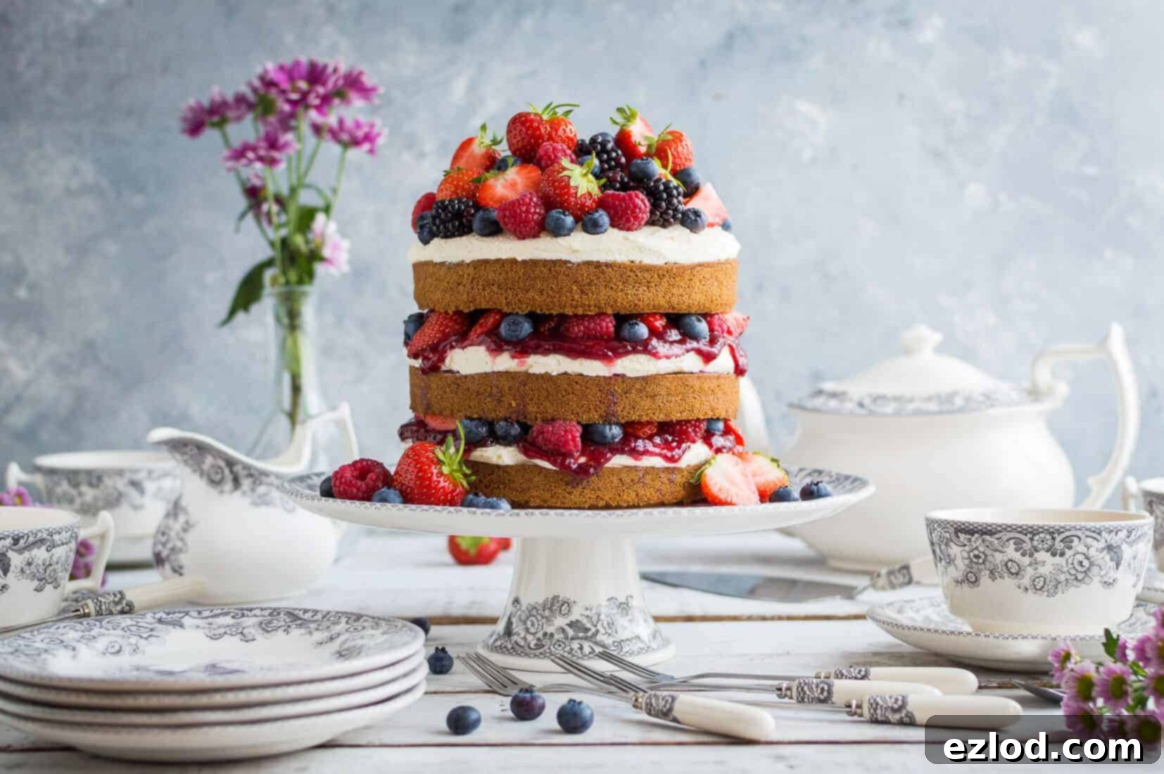 Vegan vanilla cake with berries and jam with pieces from the Spode Delamere Rural pottery range
