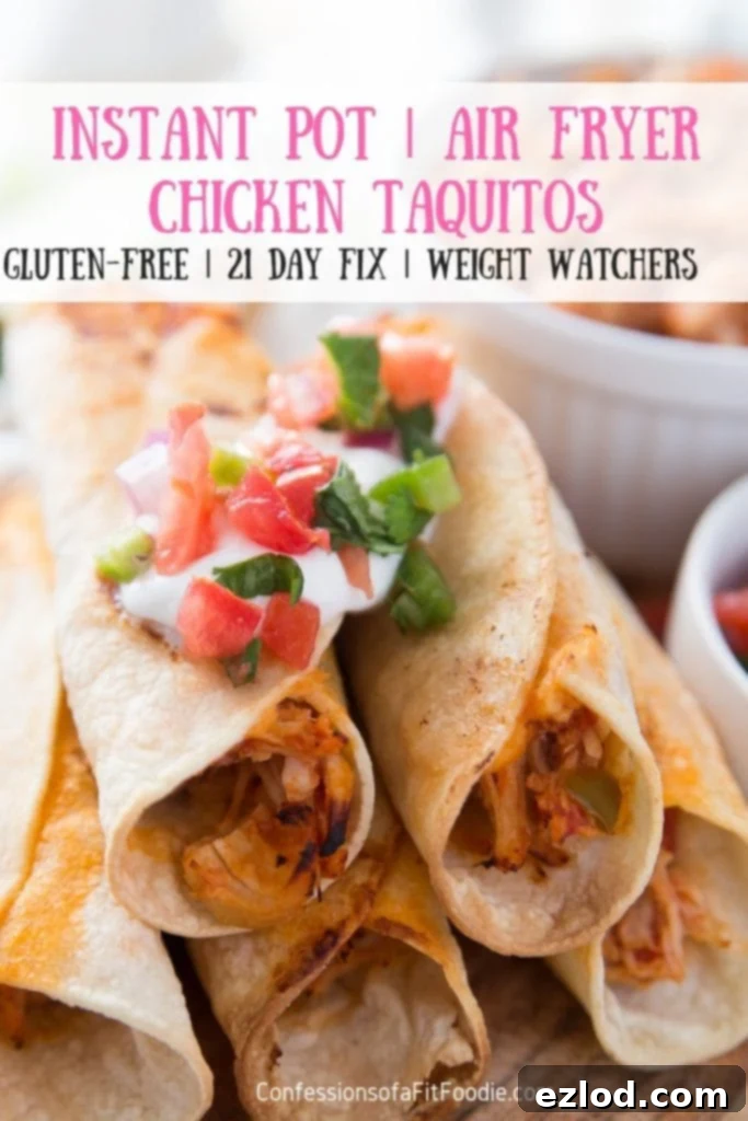 A vibrant, close-up shot of crispy Healthy Instant Pot Air Fryer Chicken Taquitos, garnished with fresh cilantro, showcasing their golden-brown perfection and appealing texture.