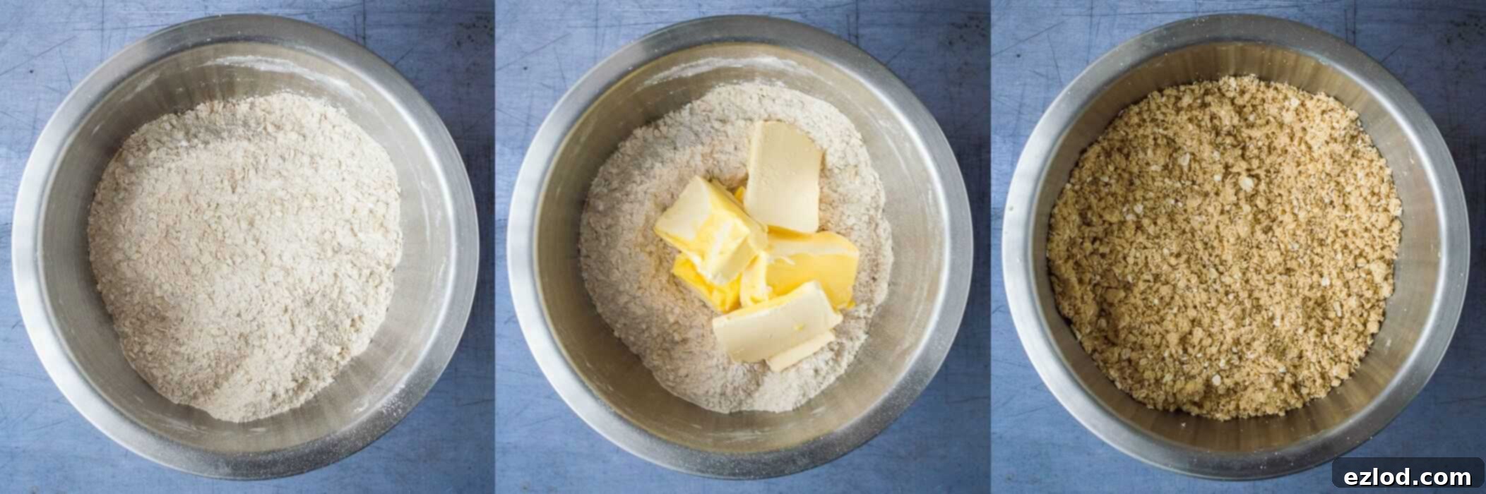Step 1 in making berry crumble bars: close-up of dry ingredients mixed with vegan butter, resembling breadcrumbs.
