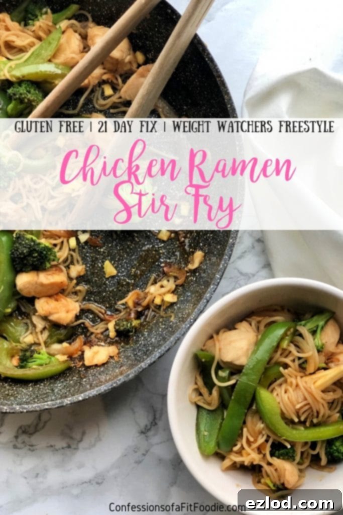 A beautifully plated bowl of gluten-free Chicken Ramen Noodle Stir Fry, featuring tender chicken, crisp vegetables, and brown rice ramen, all coated in a rich, homemade Kung Pao sauce, captured from an overhead perspective.