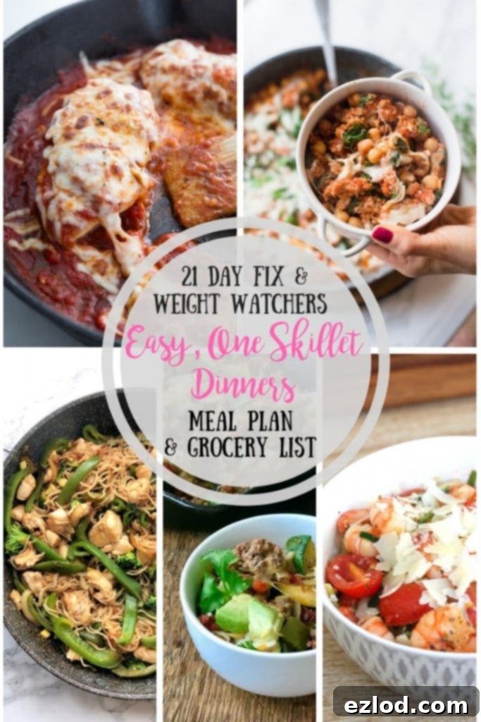 This 21 Day Fix Meal Plan offers easy, one skillet meals for busy nights. Includes Weight Watchers Freestyle Points for healthy eating.