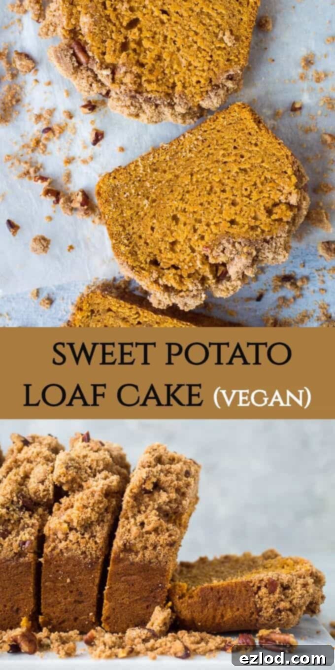 Close-up of a delicious vegan sweet potato bread with pecan streusel, a rich autumnal loaf cake with a crisp, buttery crumble topping. Perfect for fall baking.